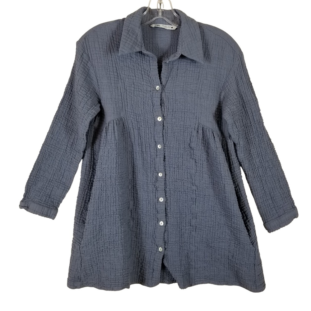 Zara Blue Gray Textured Gauze Button Front Tunic Blouse Top Womens Small S